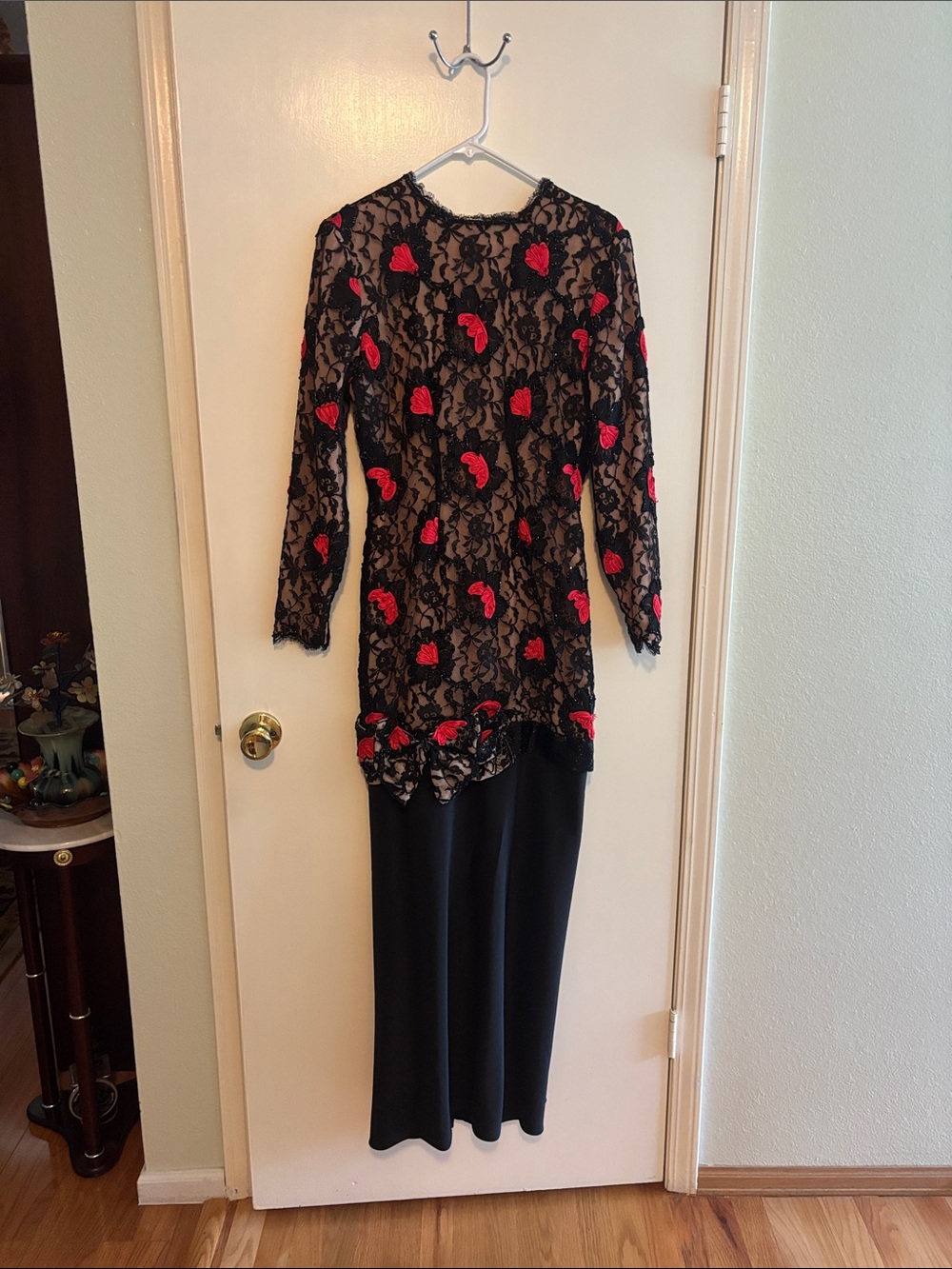 Black Lace Tunic Top with Red Floral Accents